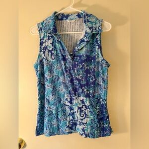Cathy Daniels Blue & Teal Floral Patchwork Collared Sleeveless Top